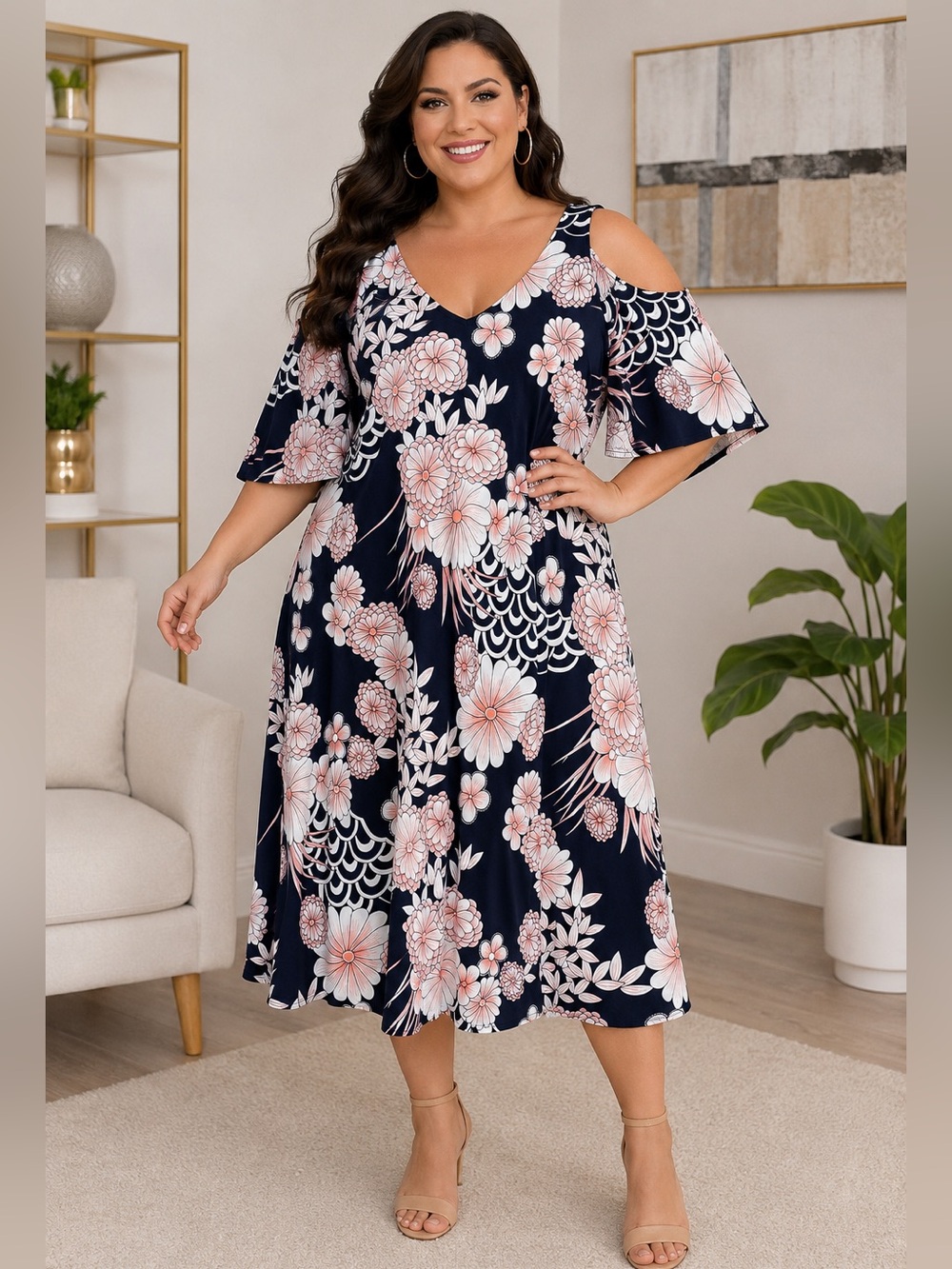 connected apparel Navy Floral Cold-Shoulder Midi Dress with Pink Accents